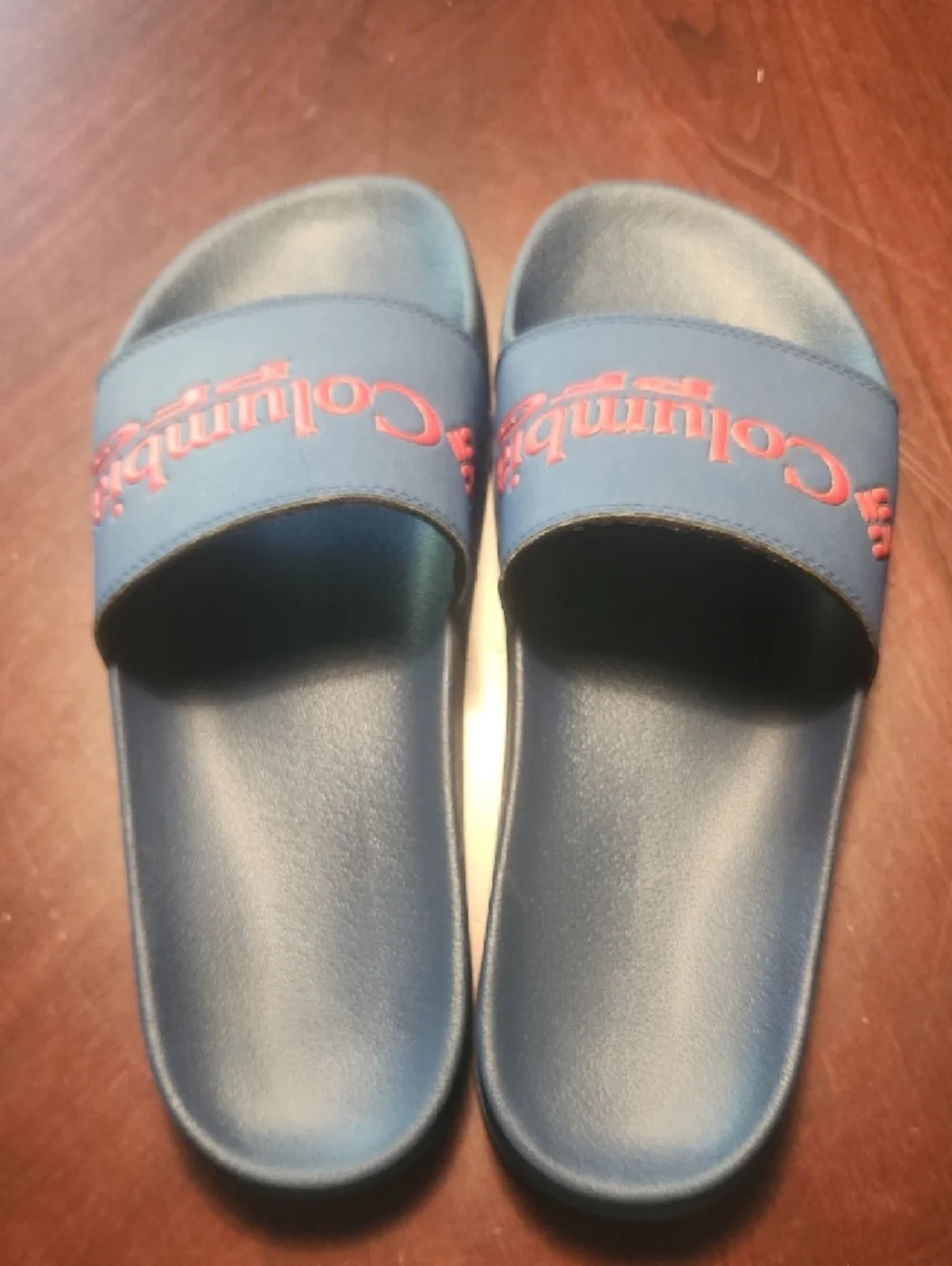 Columbia Blue Slide Sandals with Red Logo